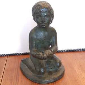 Vintage Amphora Statue - Kneeling Boy Holding a Frog in His Hands - Spain 1950